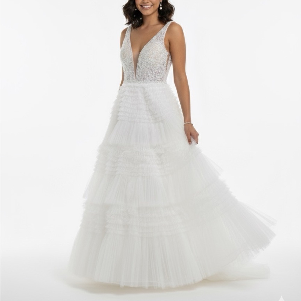 NWT Mac Duggal Wedding Dress Beaded Tiered Tulle Ball Gown Princess Illusion 2